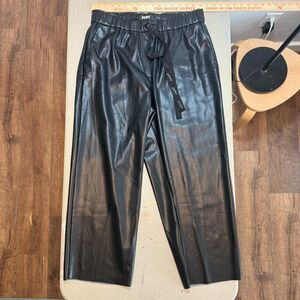 DKNY Foundations Faux Leather Pants Women's L Black Pull On Straight Leg NWT
